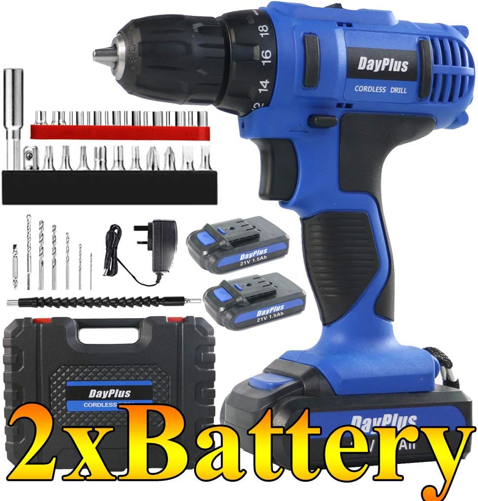 Cordless Drill Impact Driver 45Nm, 21V 2x1.5Ah Li-Ion Batteries Electric Bolt Screwdriver,Drill Driver, Fast Charger, 2900RPM Max Speed, 2 Speed, Forward and Reverse Setting, LED Light