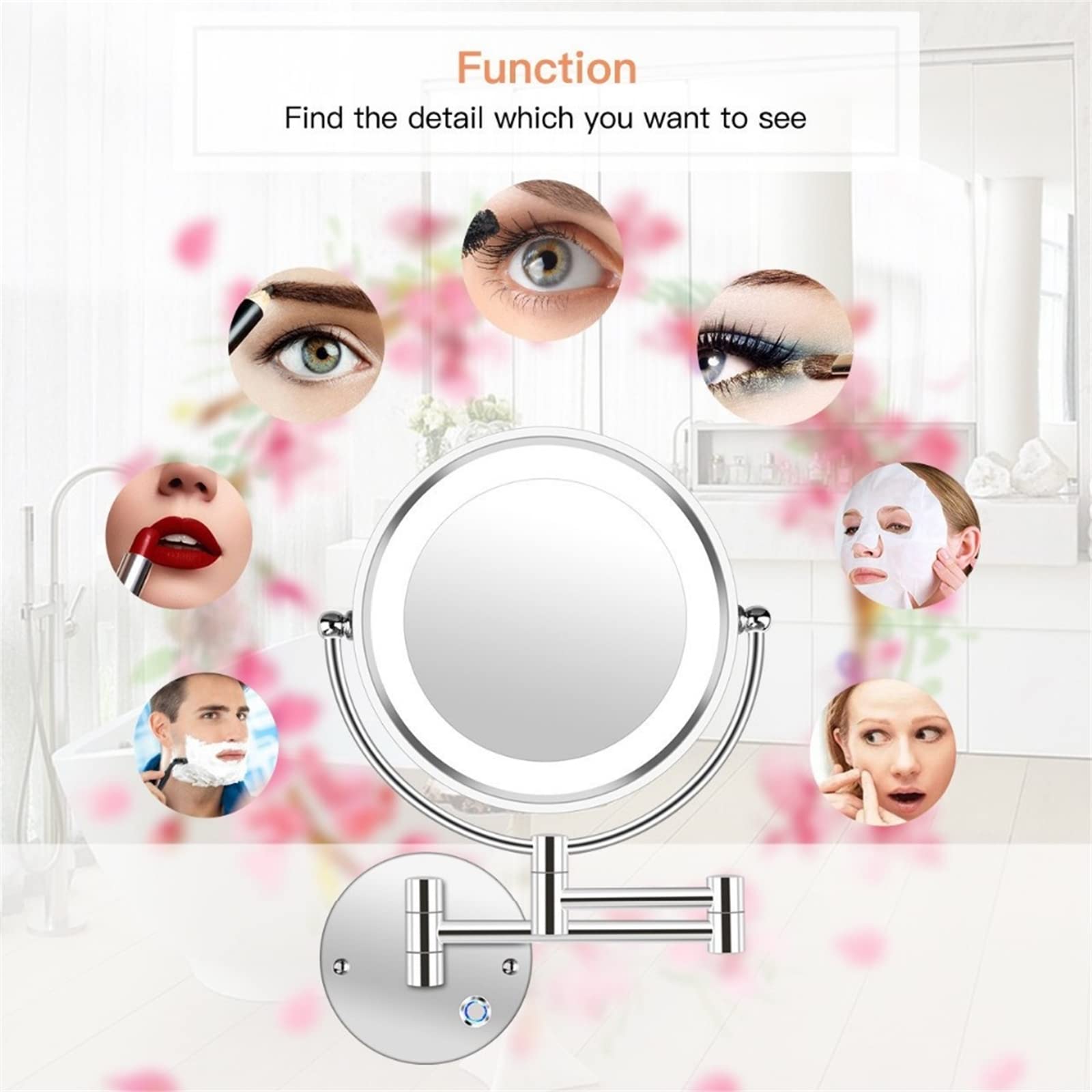 Specchio per Il Trucco a LED dimmerabile con luci e ingrandimento 1X/10X, Specchio da Bagno Estensibile a Doppia Faccia Cromato con Illuminazione Integrata e Ricarica USB.