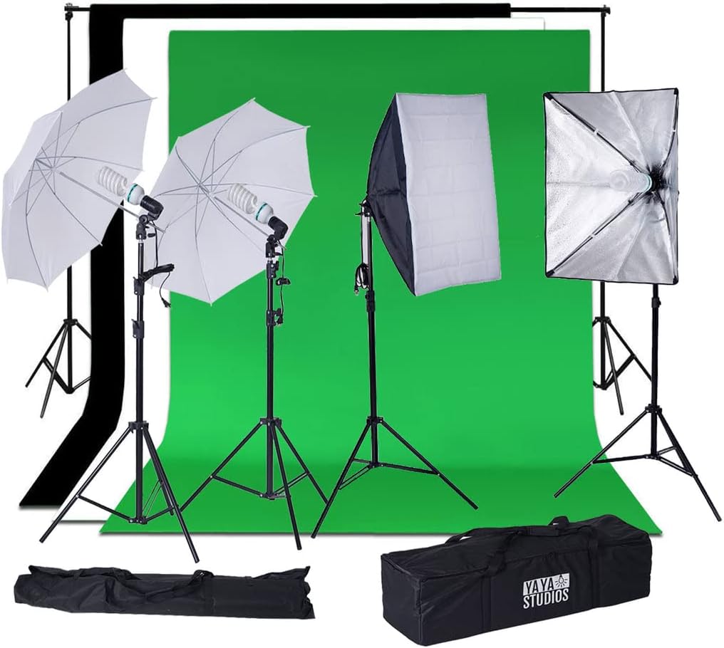 Tableclothsfactory 1200 Watts White Umbrella Soft Box Continuous Lighting Photo Video Studio Kit with Chromakey Background Muslins