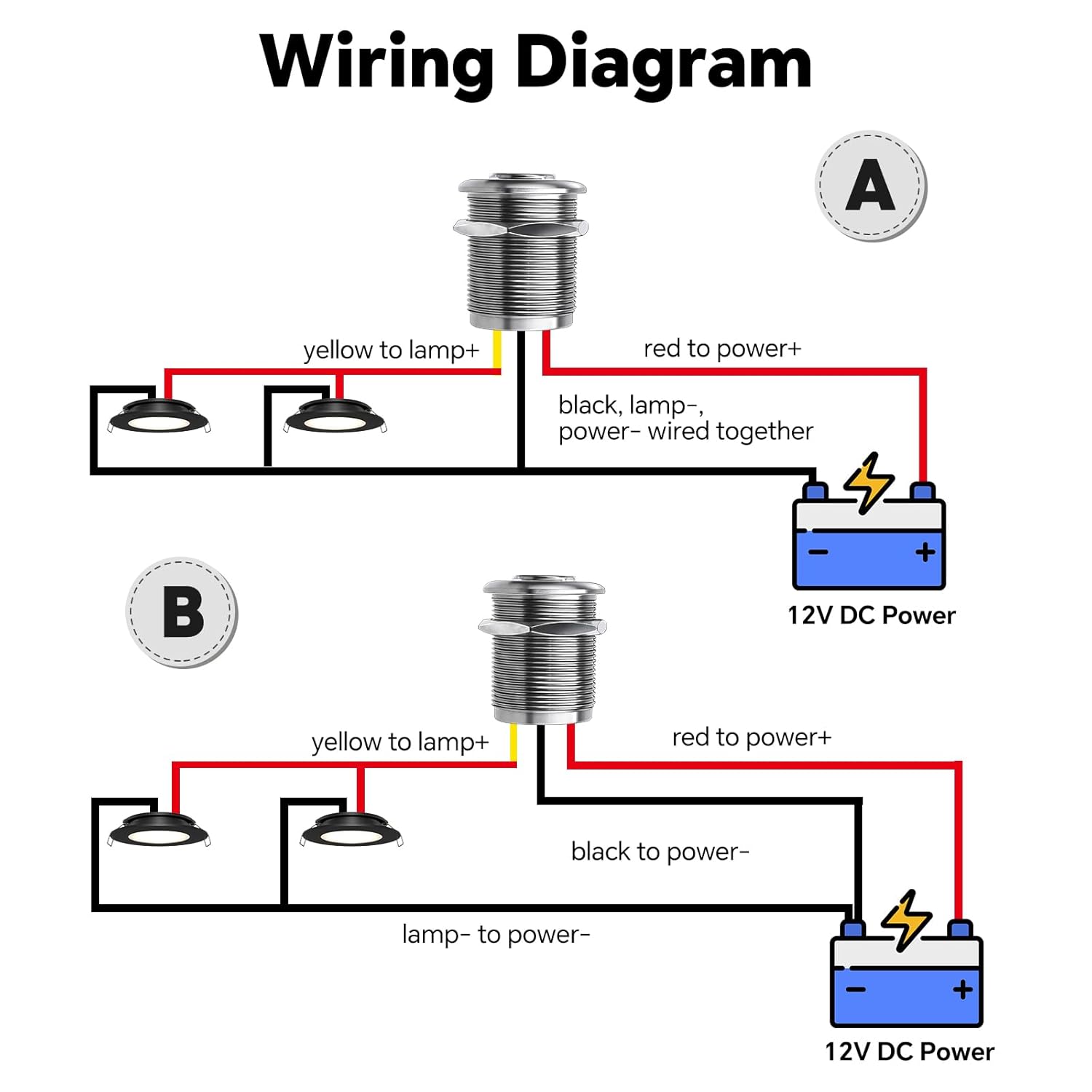 12V Light Dimmer, Recessed Stainless 12 Volt PWM Dimmer Switch for RV Boat Car Lighting, Push Button Dimmer for 12V LED Strip Light Rope Light, 3/4” Drill Hole (2Pack-Upgrade)