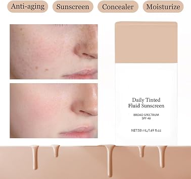 Daily Tinted Fluid Sunscreen,Tinted Sunscreen for Face Moisturizing Broad Spectrum SPF40,Zinc Oxide Mineral Sunscreen Foundation for Sensitive Skin,Natural Tone Lightweight Non Greasy Koreansunscreen