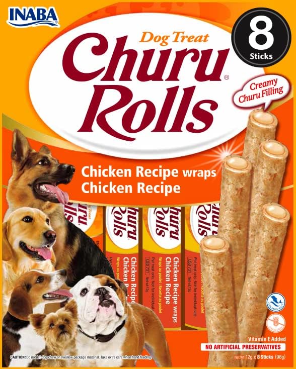 Churu Rolls by INABA Dog Treat - Chicken & Cheese Flavour (8 x 12g) / Crispy Sticks with Creamy Filling Dog Treat, Delicious & Healthy Snack, Hand Feeding, Training, Natural, Grain Free