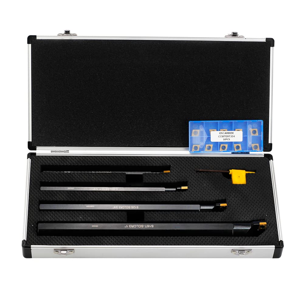 OSCARBIDE Boring Bars 1/2"x7",5/8"x8",3/4"x10" 4 Pieces,1"x12", Indexable Boring Bar Set, Right-Hand Sclcr Boring Bars with 14 Pieces CCMT09T304(CCMT32.5) Carbide Inserts