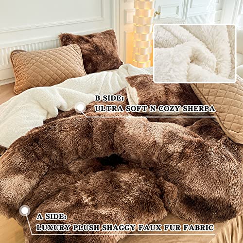 Joyreap 3-Piece Plush Shaggy Comforter Set, Full/Queen Size Luxury Faux Fur Sherpa Reversible Bedding Comforter Set, Ultra Cozy Warm Fluffy Bedding Set For Winter (Tie-Dye Coffee, 88X88 Inches) #TOP3