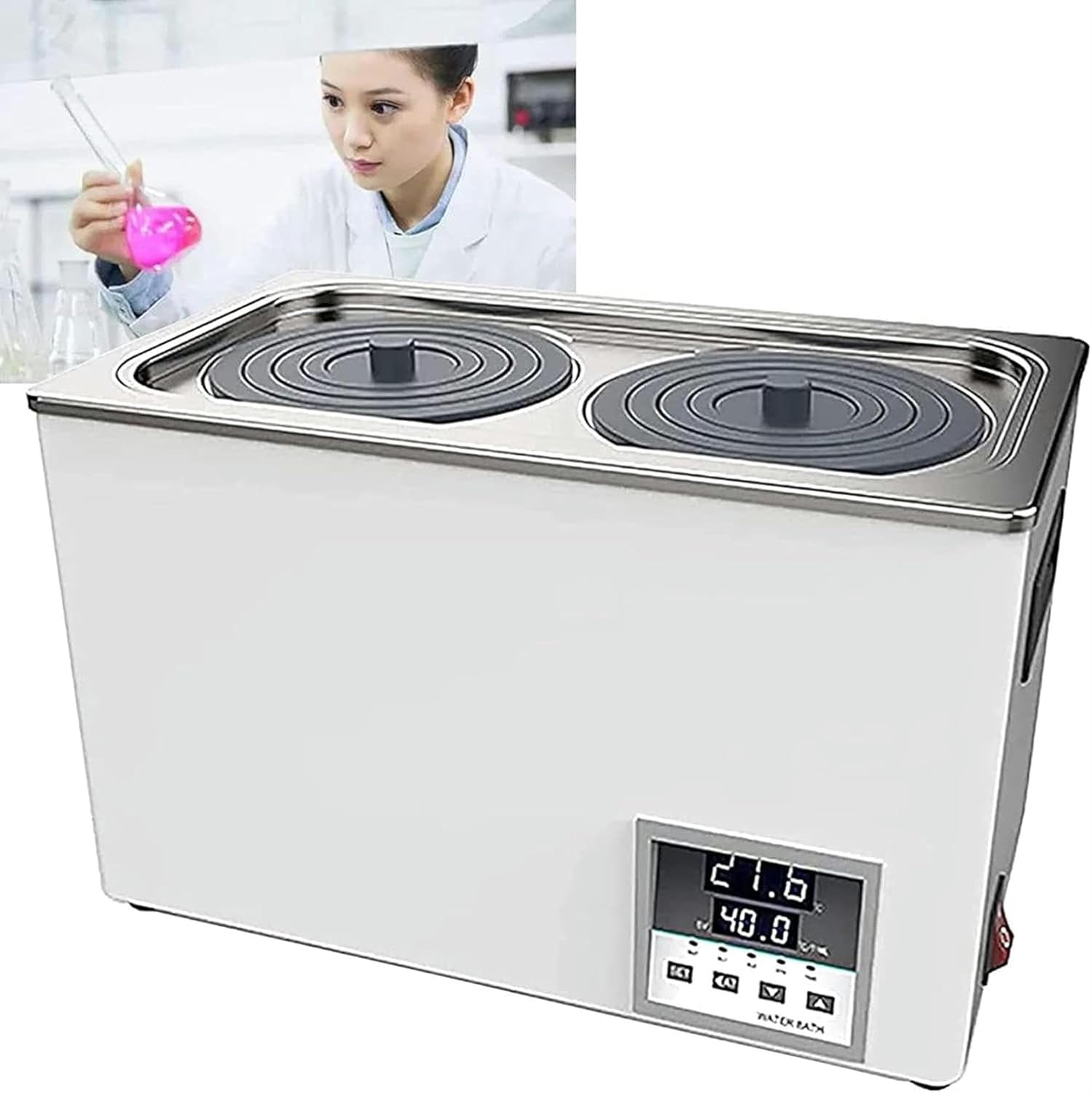 AMNOOL Dual Hole Digital Laboratory Constant Temperature Water Bath, RT 5-99.9 ° C, Stainless Steel Inner Liner Electric Porous Constant Temperature Water Bath, 0-999 Minute Timer