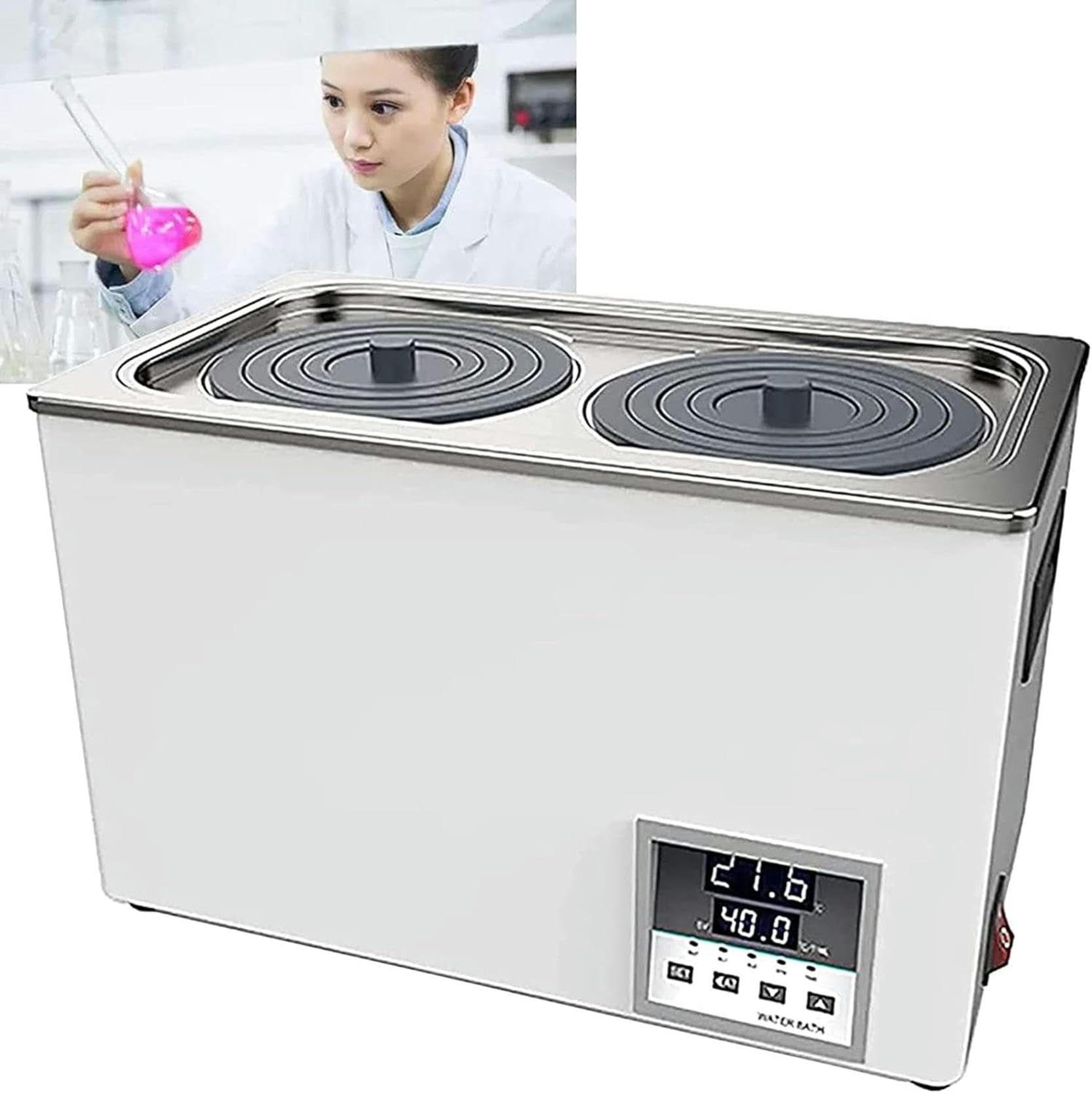 Baño María termostático Digital de Laboratorio de Doble Orificio, RT 5–99,9 °C, Tanque Interior de Acero Inoxidable Calefacción eléctrica Baño María termostático poroso, 0–999 Minutos Temporizador