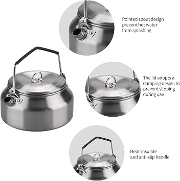 Thous Winds Camping Kettle 1Liter, Camp Tea Coffee Pot Stainless Steel Outdoor Hiking Kettle Pot Lightweight Durable Camping Tea Kettle