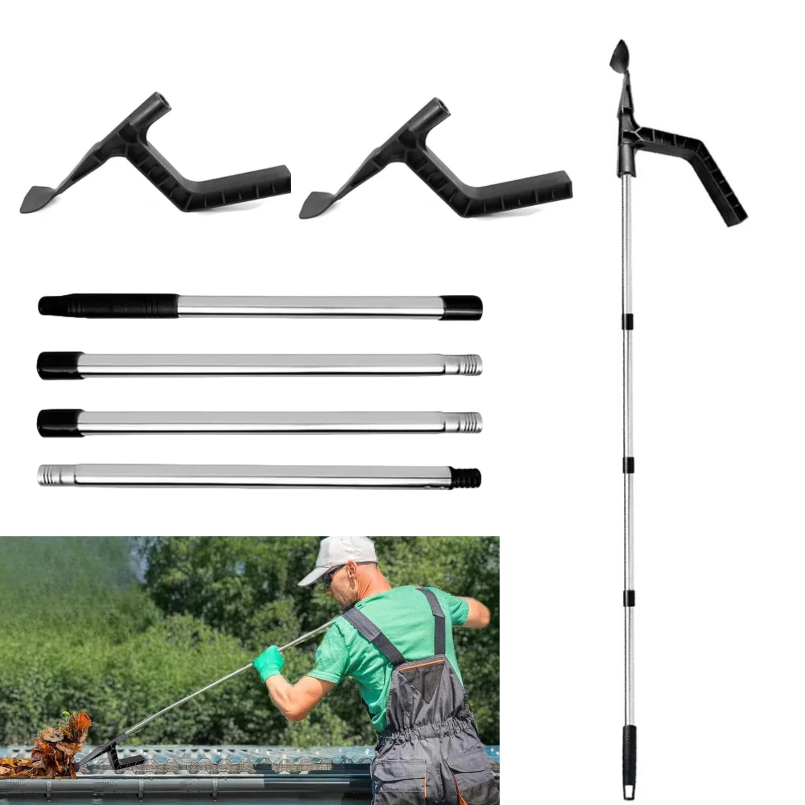 AevQuas Gutter Cleaning Tools, 1.8M 2 Cleaning Scoops Splicing Pole Handle Portable Roofing Gutter Detachable Cleaner Easy to Use Telescopic Gutter Cleaner Pole for Cleaning Leaves and Debris