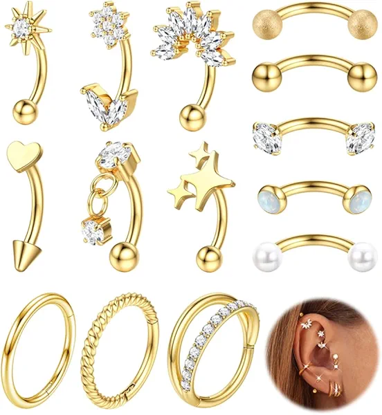 ORAZIO 16g Rook Piercing Jewelry Surgical Steel Vertical Labret Lip Jewelry Gold Eyebrow Piercing Rook Daith Earrings for Women Cartilage Curved Barbell Daith Tragus Piercing Jewelry 14Pcs