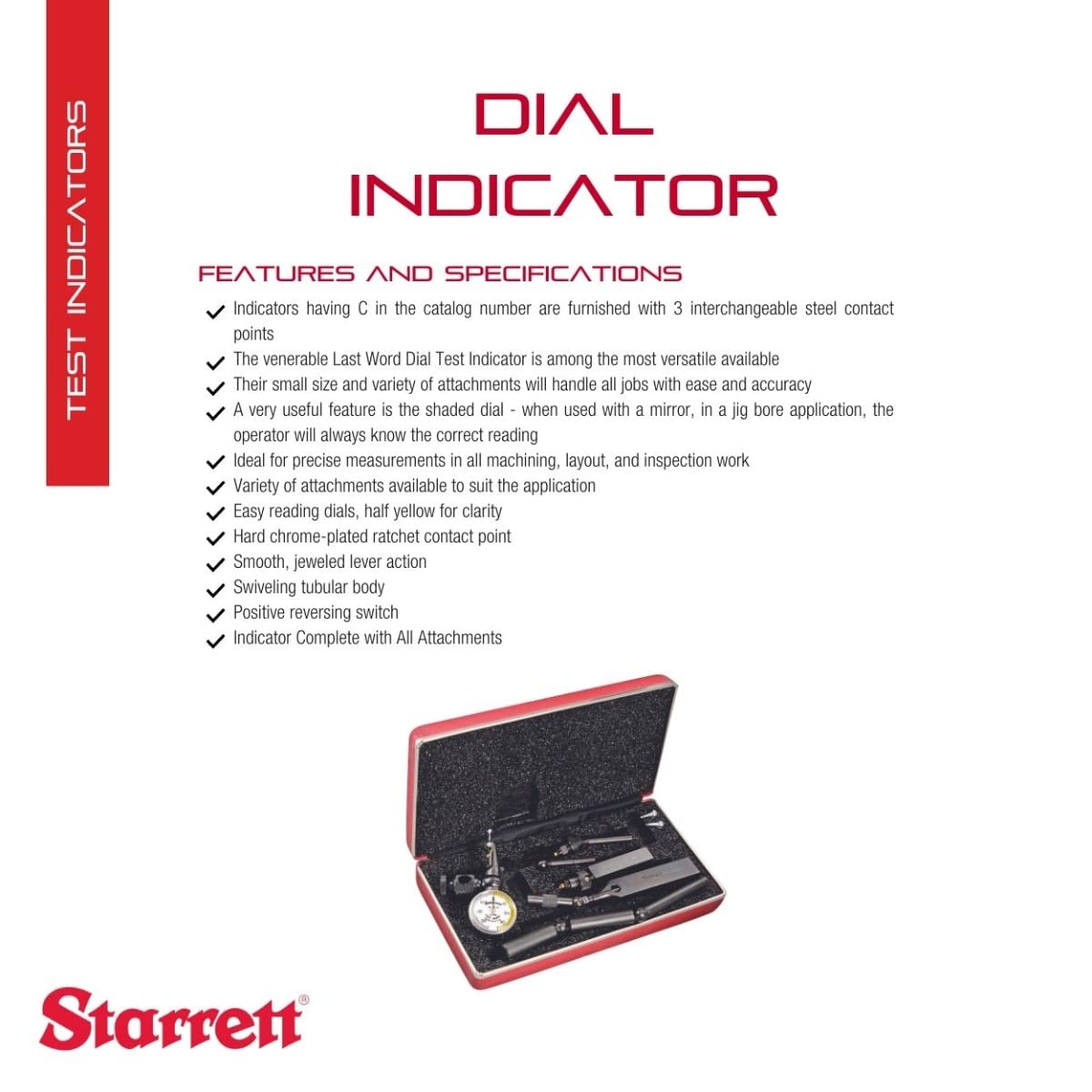 Starrett 711 Last Word Dial Test Indicator with All Attachments and Case - White Half Shaded Face, 0.7mm Range, 0-35-0 Dial Reading, .01mm Graduations - 711MGCSZ
