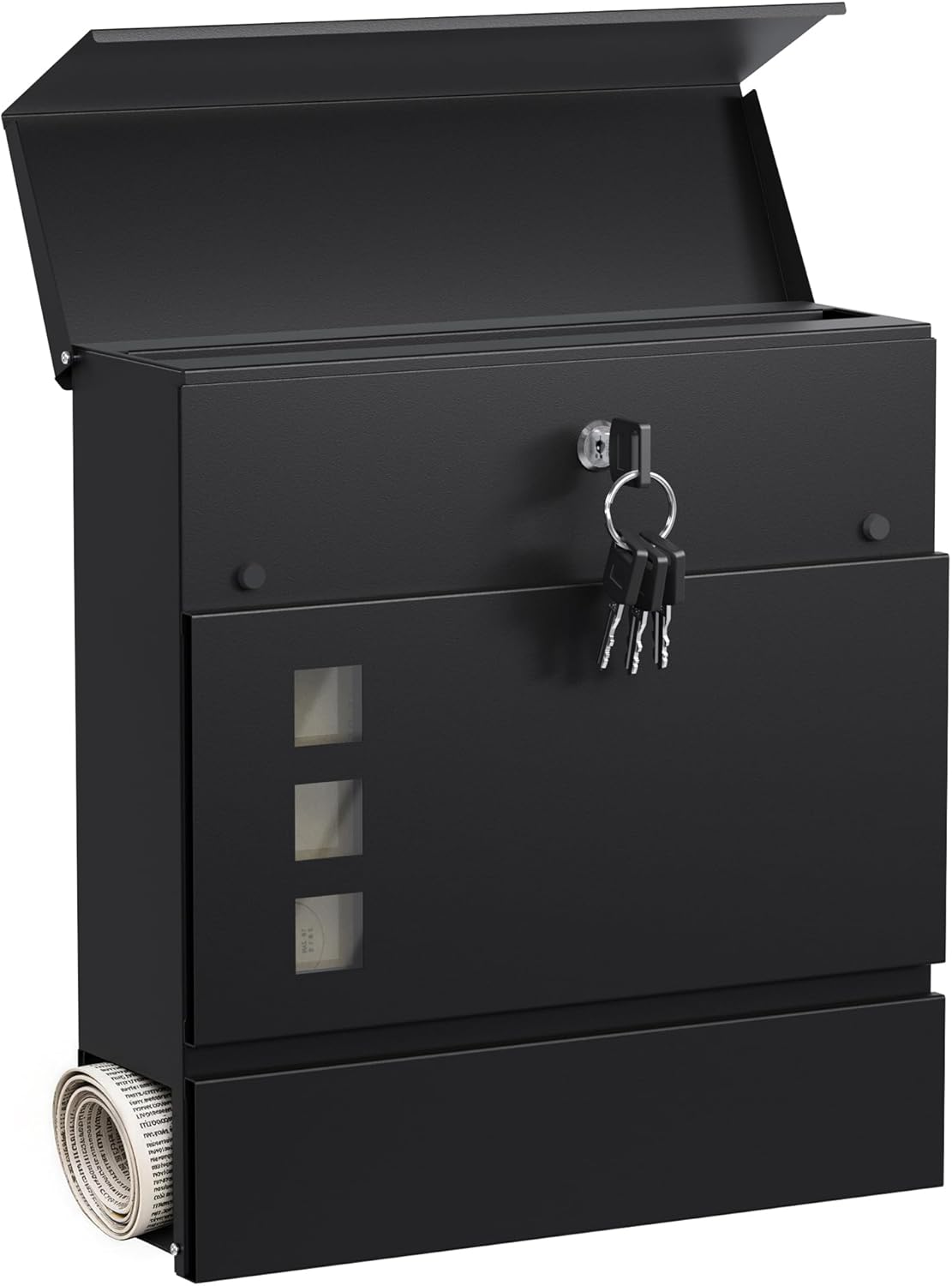 Mailbox for Outside, Locking Wall Mount Mailbox with Newspaper Holder, Security Key Drop Box, Heavy Duty Steel Mail Box with Transparent Window, Black