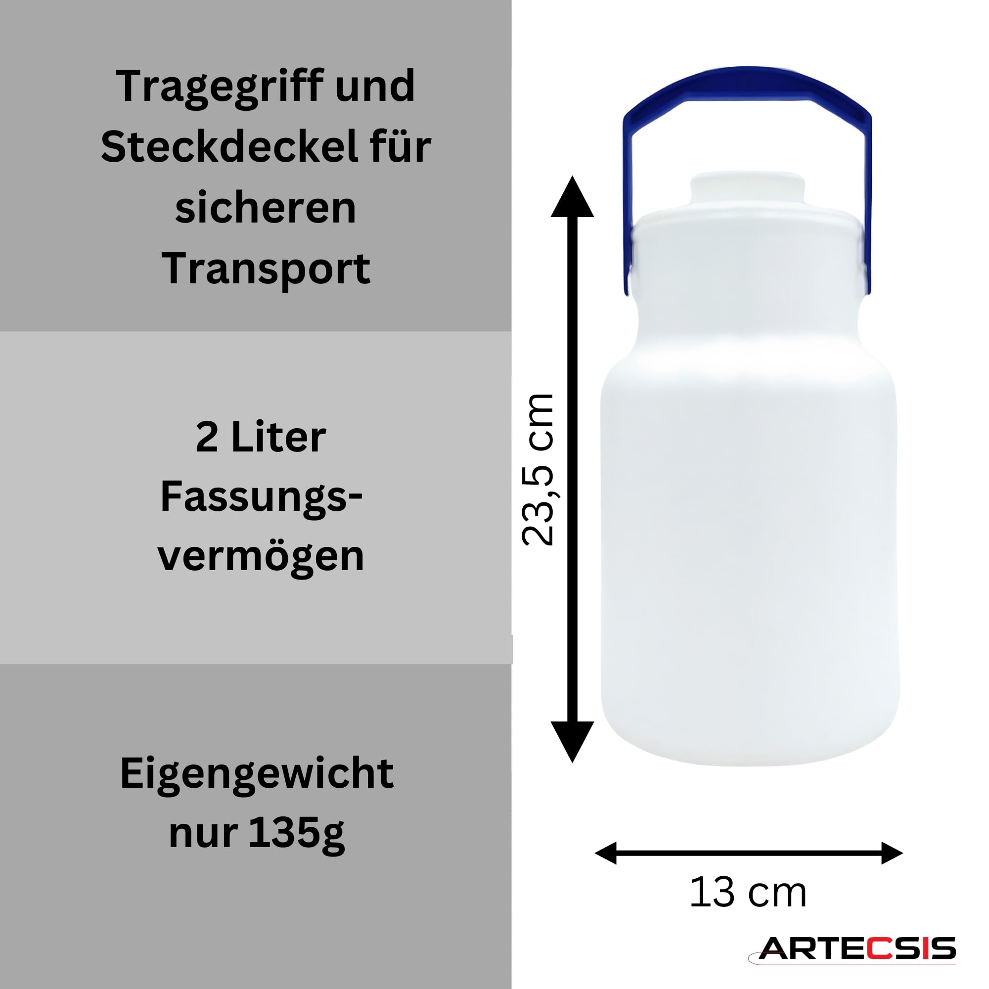 ARTECSIS 2er Set Milchkanne mit Deckel 2L Milchkrug Transportkanne Kunststoff mit Tragegriff
