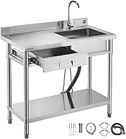 VEVOR 4-in-1 Stainless Steel Utility Sink with Drawer, Faucet & Adjustable Shelf - Free-Standing Commercial Sink for Garage, Laundry, Kitchen 39x20x37in