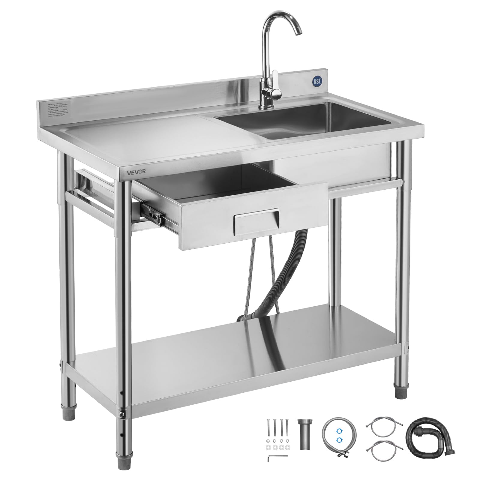 Fregadero con patas ajustables y cajón integrado en mueble de acero inoxidable duradero