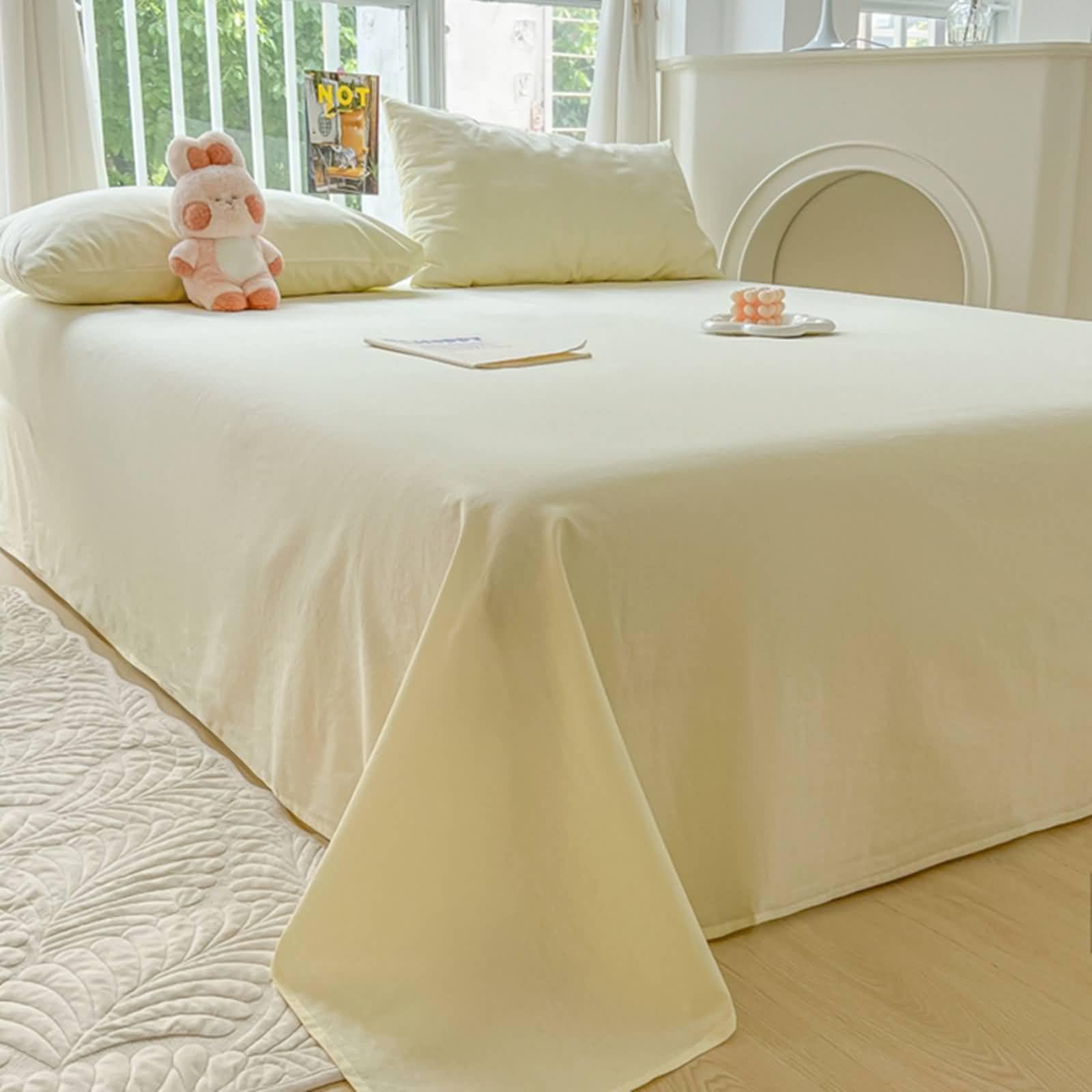 Juego 3 Piezas Sábana Encimera Algodón, Color Sólido, 160 x 230 CM + 2 Fundas de Almohada, Sábanas Encimeras Beige Amarillo