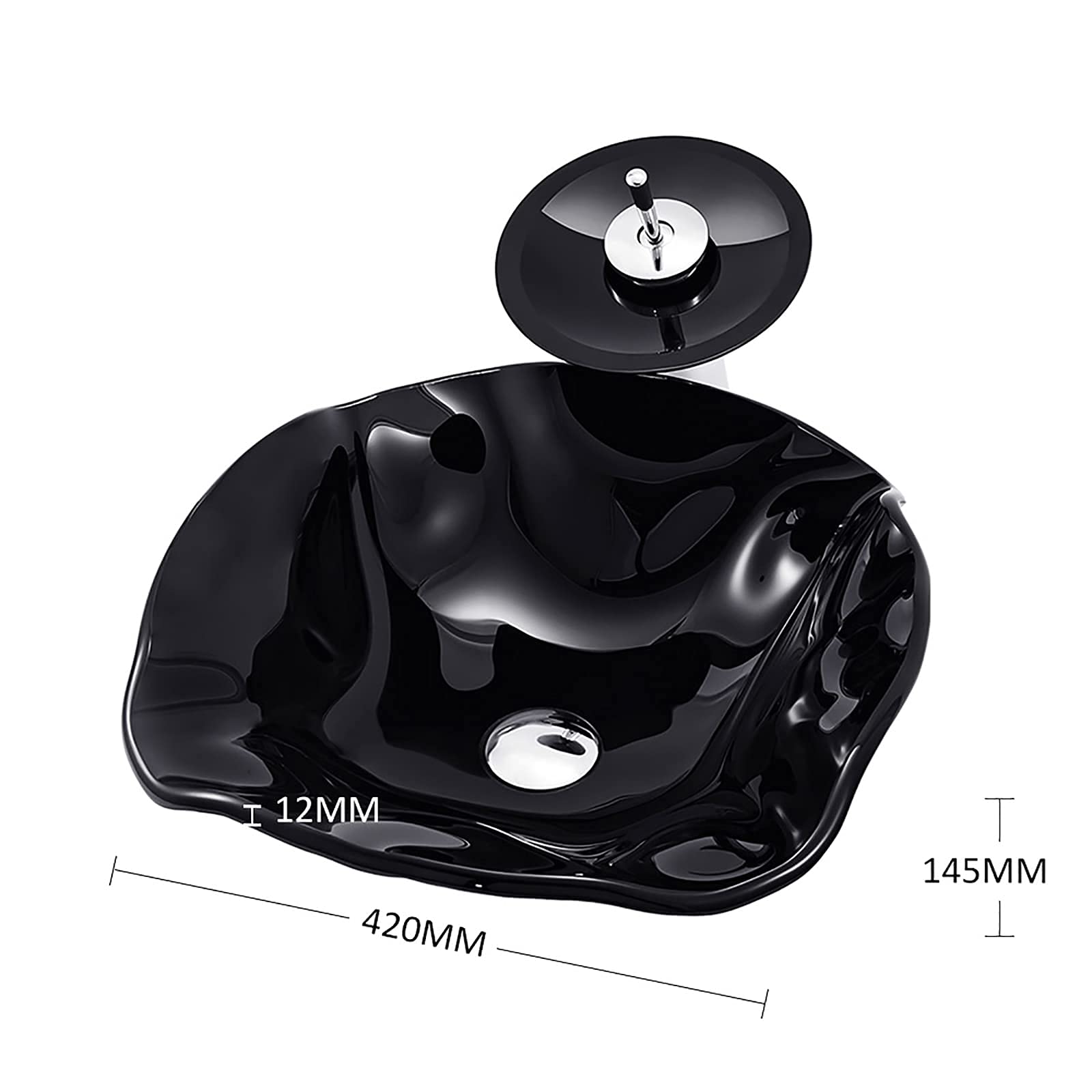 Fregadero de baño con combinación de Grifo y desagüe, Lavabo de contenedor, Lavabo sobre encimera de Vidrio Templado, Lavabo sobre encimera de Cuenco Negro de Forma Irregular