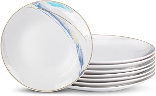 Ceramic Dinner Plates Set of 8, 10 inch, Salad Plates, Pizza Plates, Dinnerware Sets, Microwave & Dishwasher Safe, Fantasy Series, Gold Rim