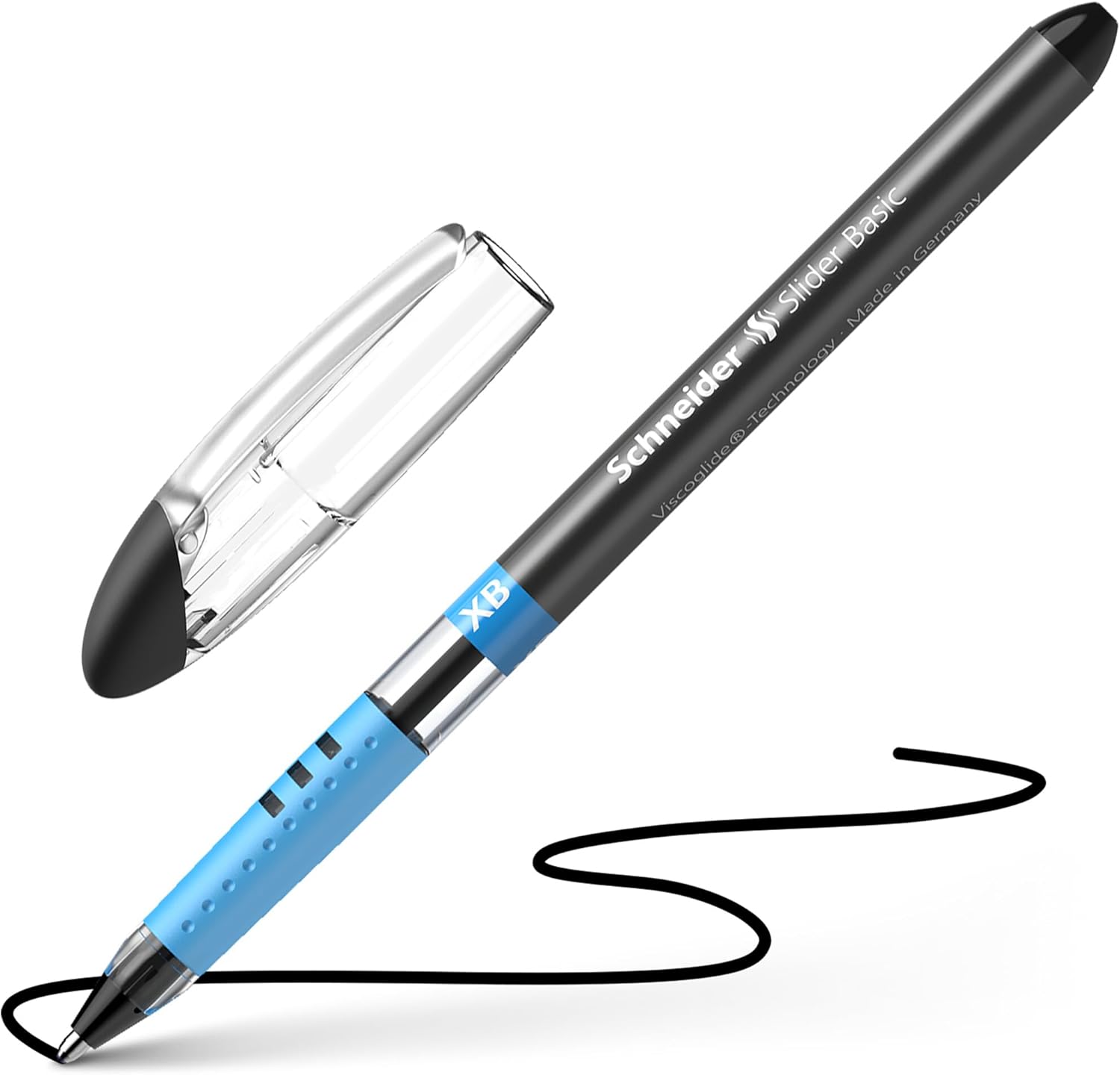 Schneider Slider Basic XB (Extra Broad) Ballpoint Pen, 1.4 mm, Transparent Barrel, Black Ink, Box of 10 Pens (151201)