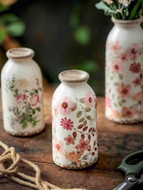 Vintage Flora Ceramic Vase Set, Retro Rustic Cute Vase Gift, Art Decorative Vase for Your Home, Kitchen, Bedroom, Office, Living Room, Bathroom, & Shelf Centerpiece Table Decorations