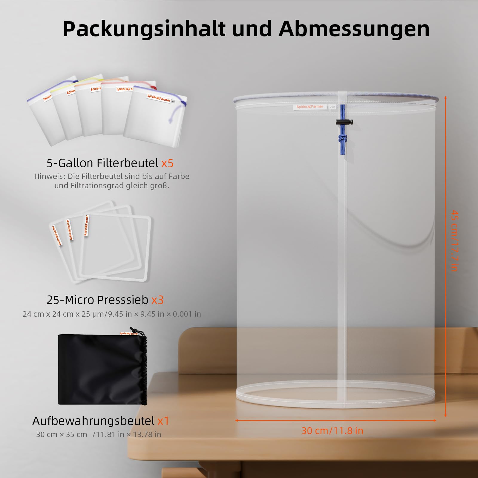 Spider Farmer Set di sacchetti a bolle d'aria in rete da 5 galloni con setaccio e borsa portaoggetti, sacchetti filtranti per estrazione e produzione di erbe (5 pezzi)