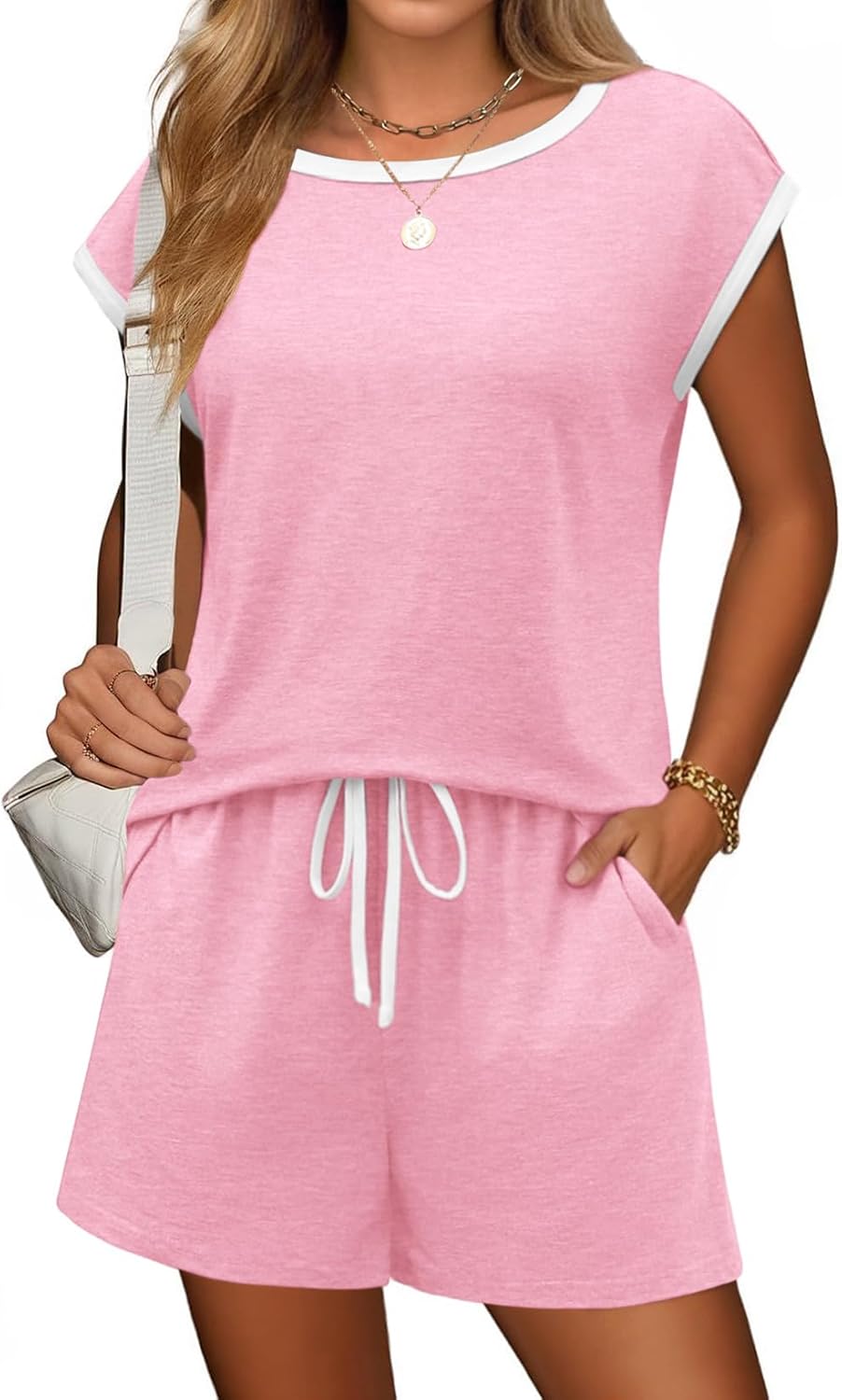 Ekouaer Womens Pajamas Set 2 Piece Short Sleeves PJs O Neck Tops and Drawstring Waist Shorts Soft Lounge Set