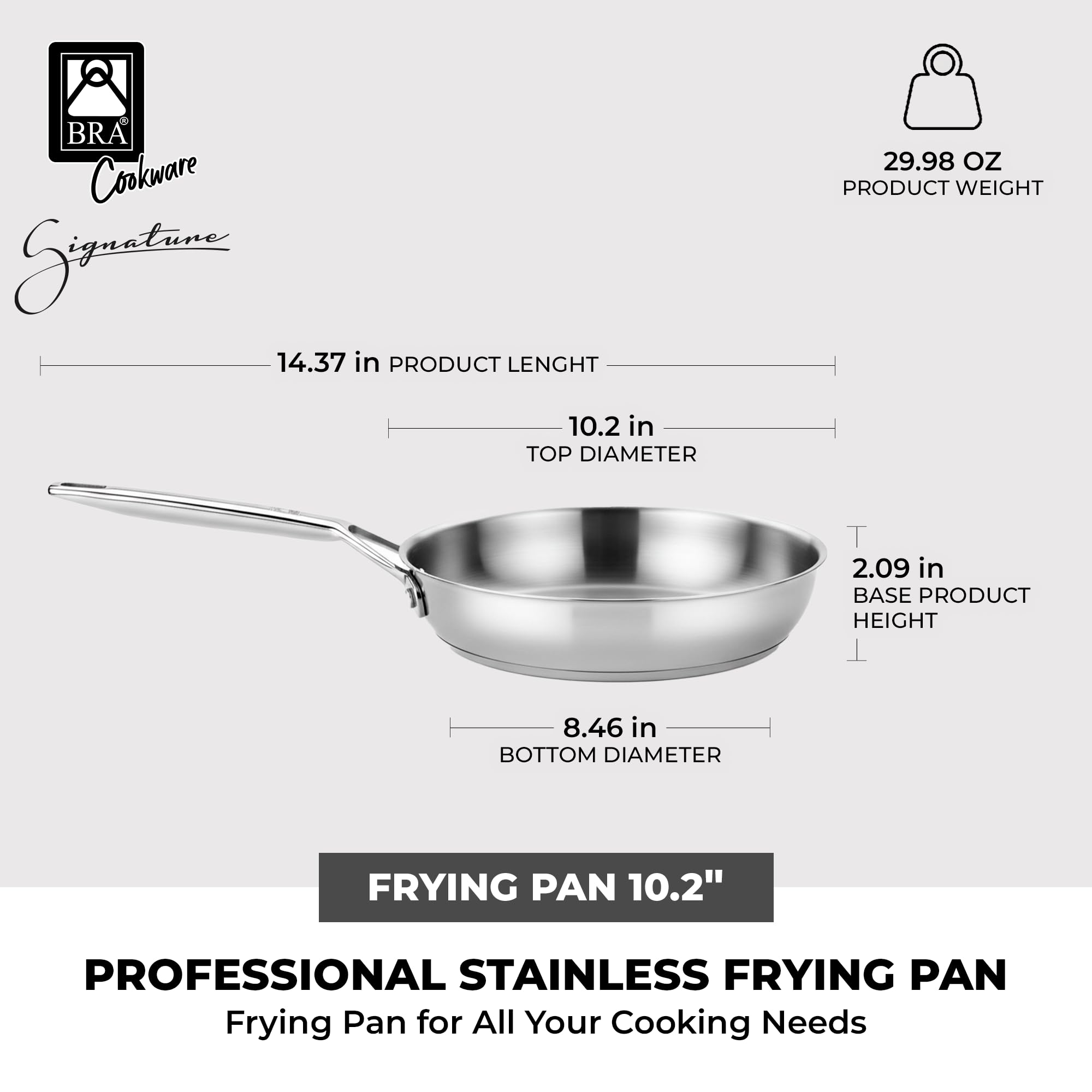 BRA Sarten Acero Inoxidable Signature 26 Cm Induccion | Sartén grande de acero inoxidable para cocinas de inducción y otras fuentes de calor con base de difusor triple de 5,3 mm.