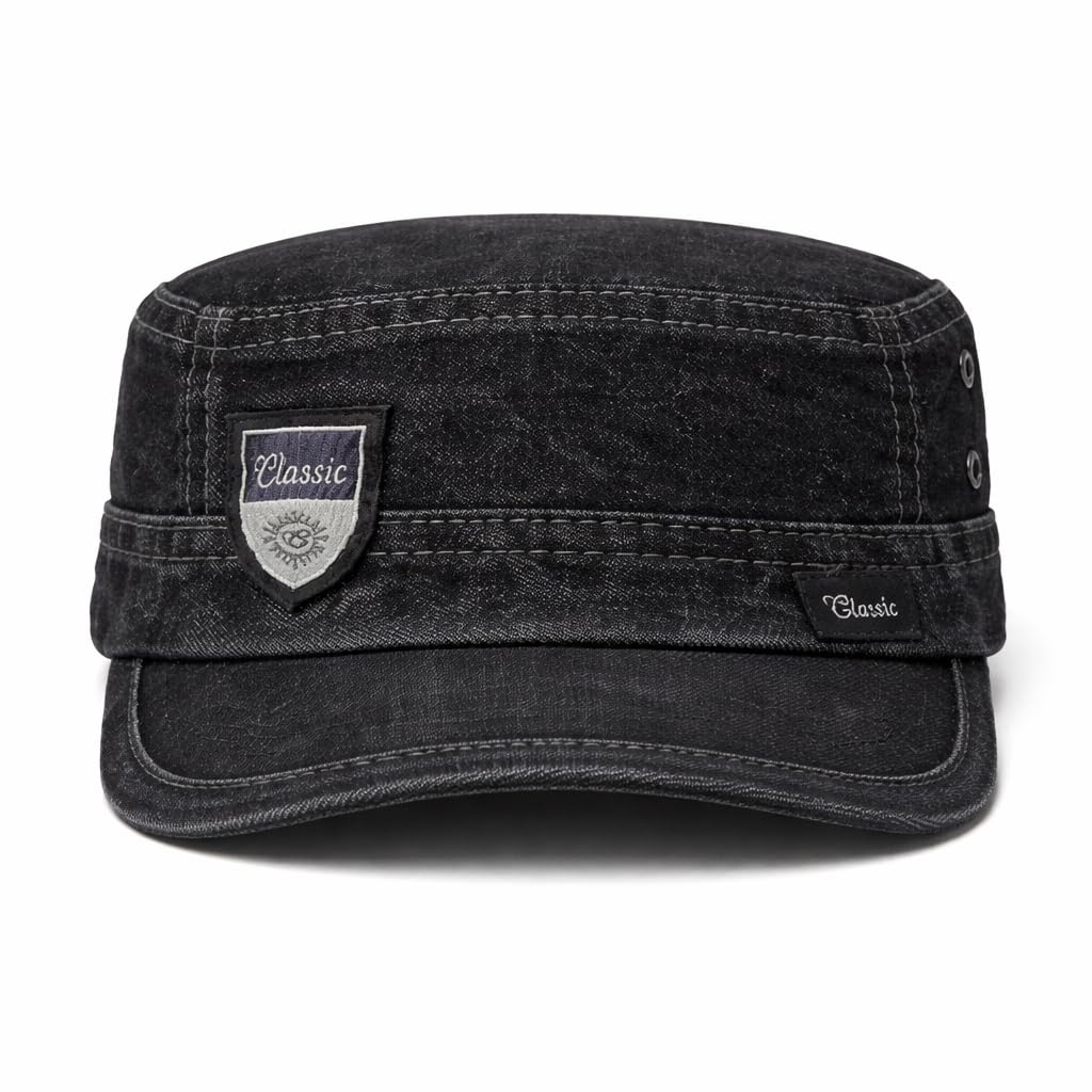 Nephar Men’s Denim Cap | Classic Flat Top Casual Hat | Blue | Free Size | Pack of 1 (Black) 1