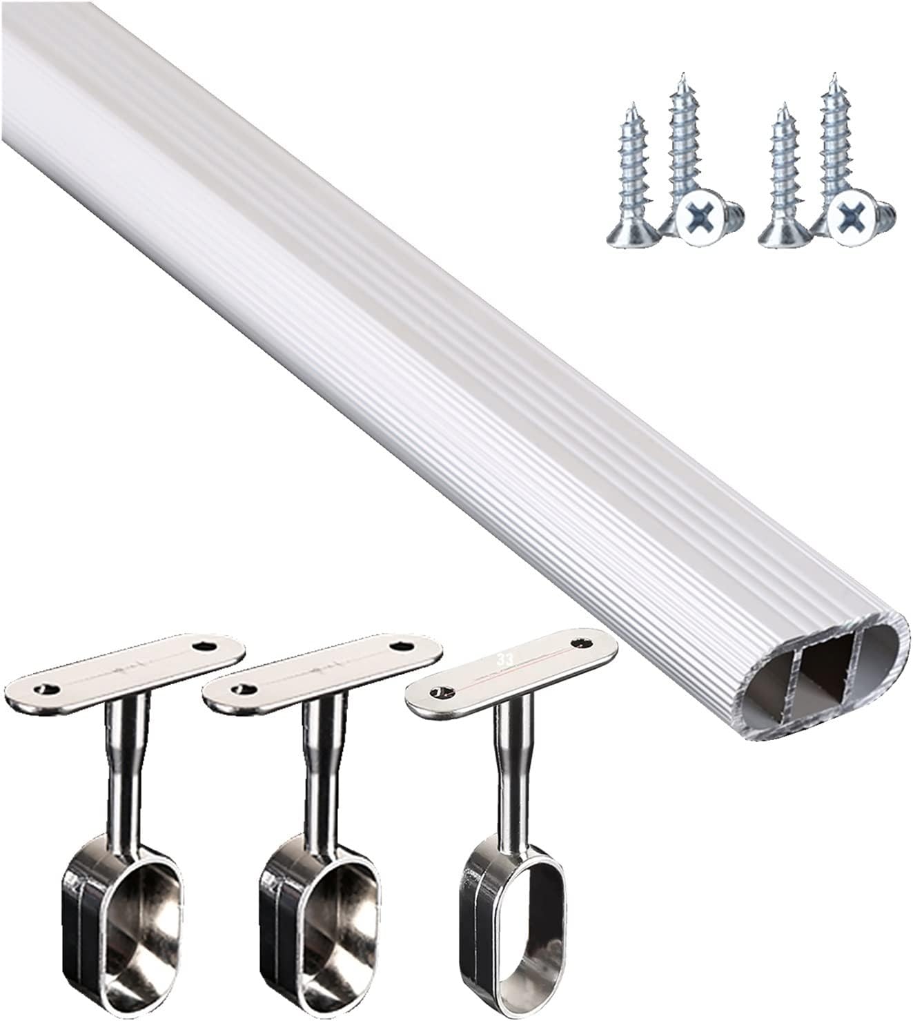 SUCHETA Cuttable Silver Aluminum Alloy Closet Rod, 11.8-55.1 Inch Long Oval Clothes Rail Top Support, for Nursery/Home/Hotel/Office, with Bracket Kit (Size: Closet W/D 29, 5" (75cm))