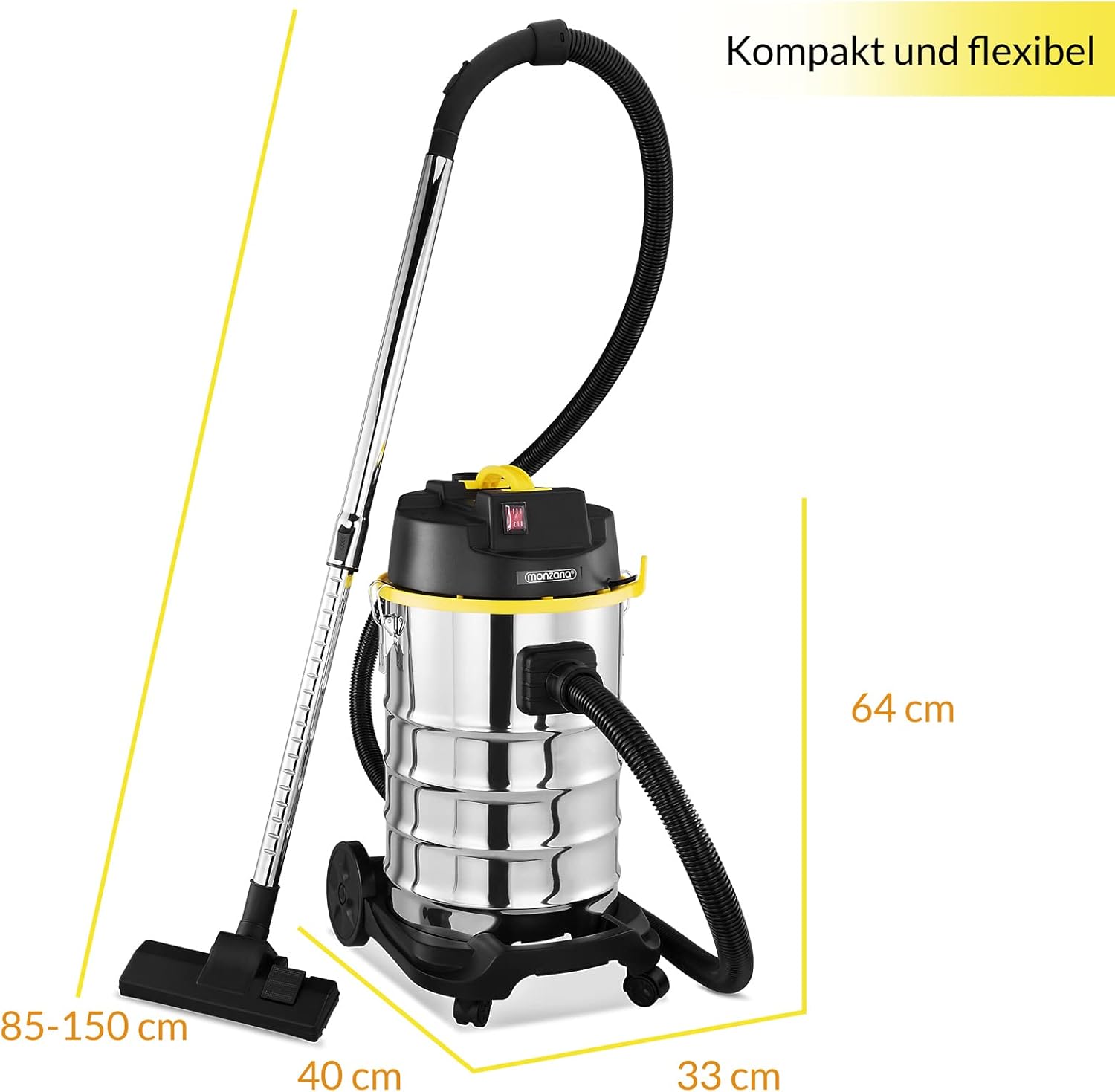 Diagram showing the dimensions of the Monzana wet/dry vacuum cleaner