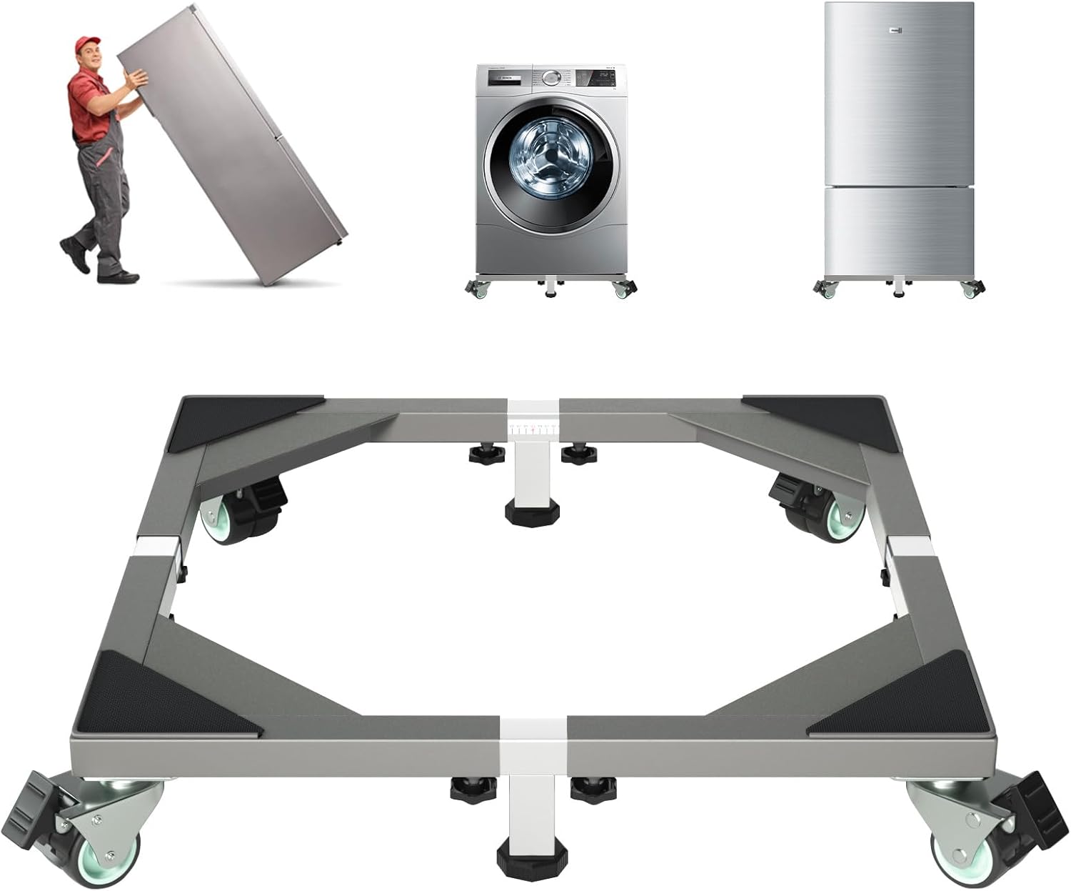 I'Ezonk Heavy Duty All Stainless Steel Mobile Mini Fridge Stand, Refrigerator Stand and Washing Machine Stand with Wheels, Adjustable Furniture Dolly for Washer, Refrigerator and Dryer(Gray)