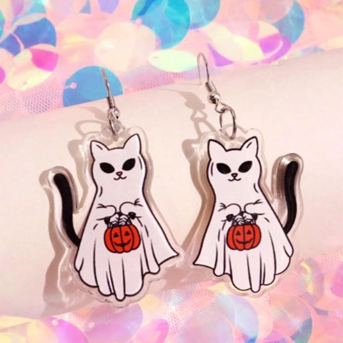 Halloween Cat Earrings for Women - Spooky Cute Ghost Cat Pumpkin Dangle Jewelry, Fun Halloween Outfit Accessories Gifts - Image 7