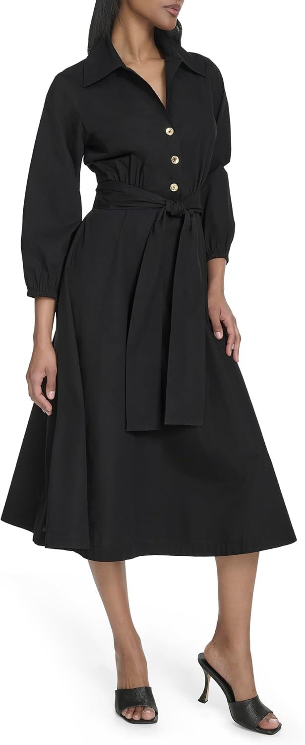 Halston Womens Cotton Poplin Waist Tie Fit & Flare Dress - Image 3
