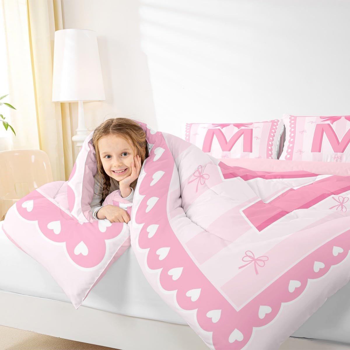 jejeloiu Pink Bow Kids Bedding Set King Size,Girl Bow Coquette Comforter Set,Initial Letter M Ultra Soft Duvet Quilt,Butterfly Knot Princess Comforter Personalized Letter M Bedroom Decor