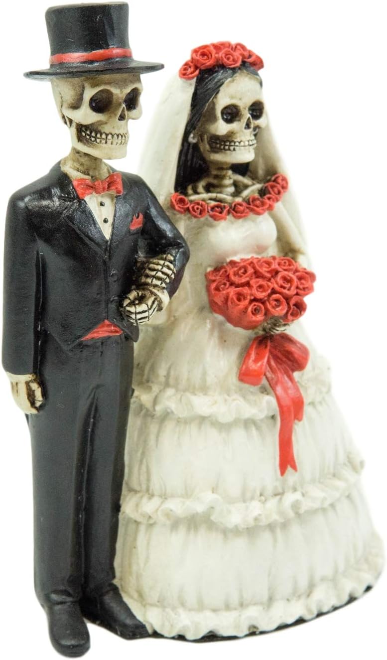 Ebros Love Never Dies Wedding Processional Bride And Groom Skeleton Couple Figurine 5.5"Tall Day Of The Dead DOD Floral Rose Bridal Vow Ceremony Ossuary Macabre Graveyard Spooky Halloween Decor Statue
