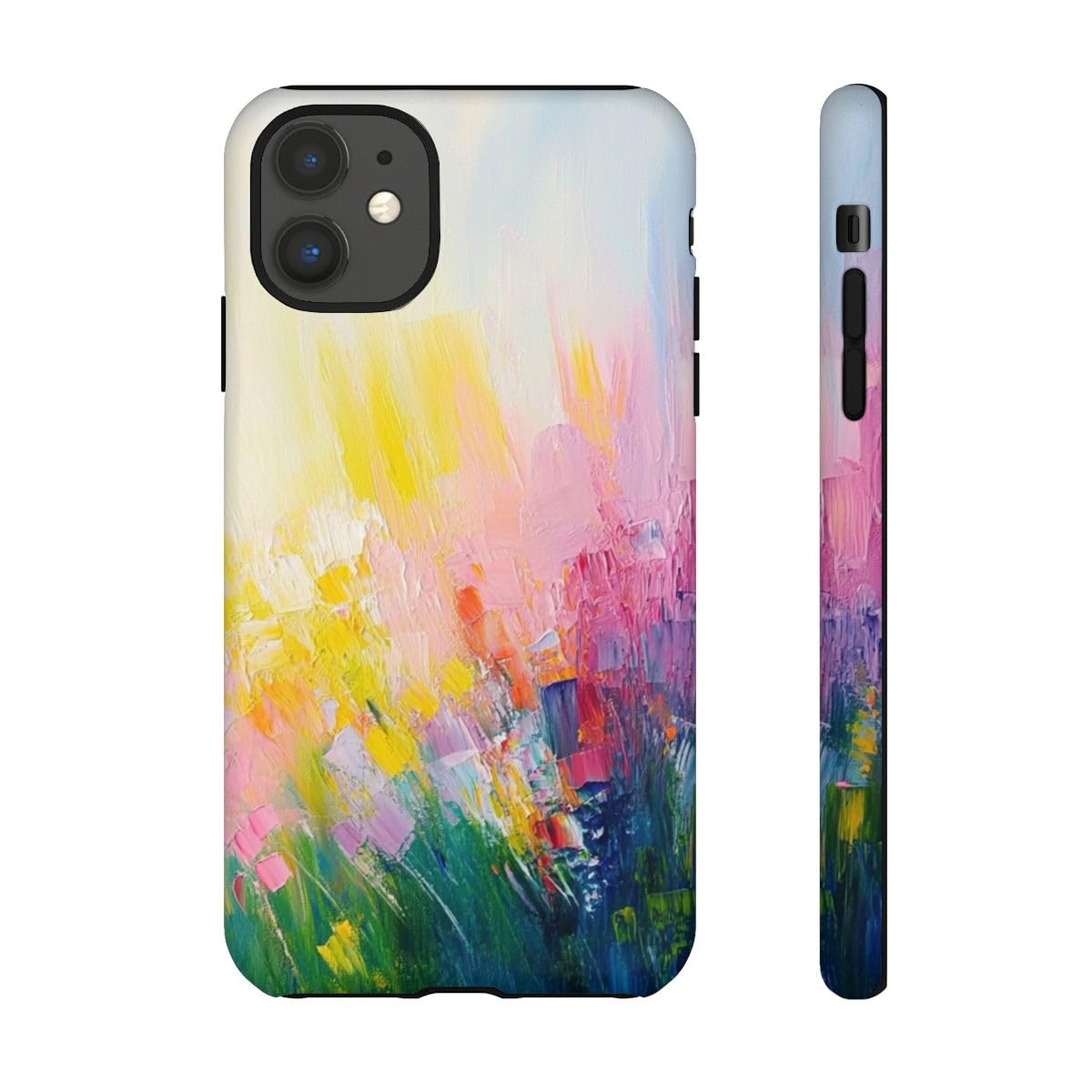 Coque iPhone 11 rigide jaune avec motif abstrait multicolore mat