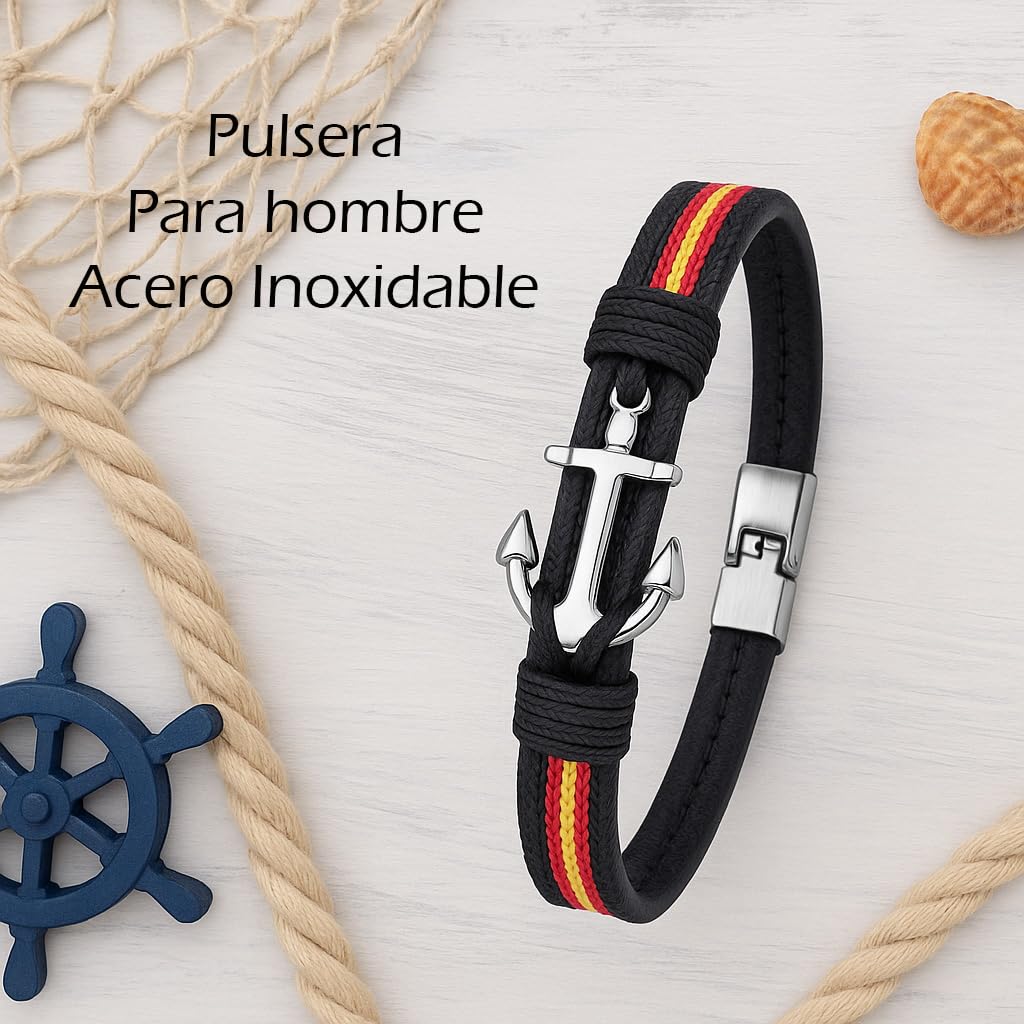 EKONAT-Pulsera España Hombre Acero Inoxidable con Ancla – Brazalete Bandera de España Náutico Ajustable – Joya Artesanal Patriótica Hecha en España