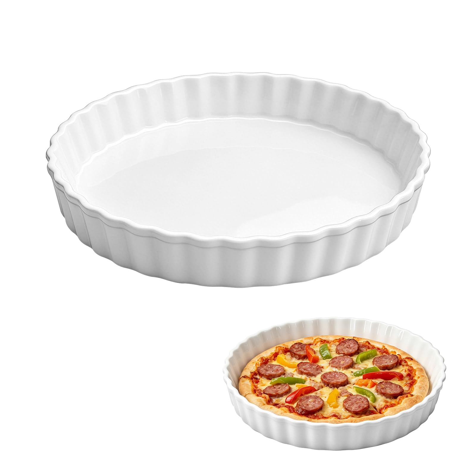 Yuhtech Ceramic Baking Dish, White Quiche Dish, Pie Dish, Flan Dish, Ceramic Cake Tin for Pizza, Pasta, Tart, Pastry(10-Inch)