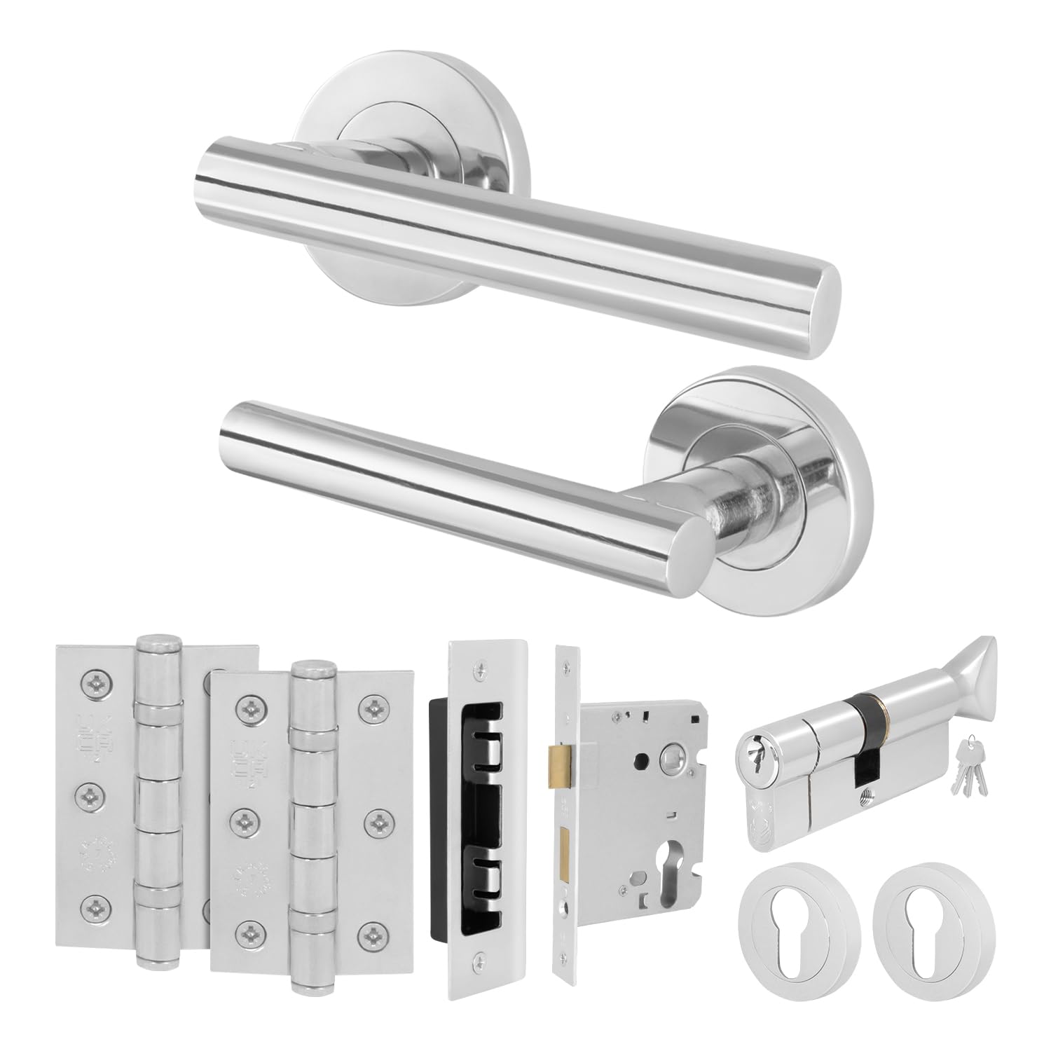 Eai Polished Chrome Door Handle Euro Lock And Thumbturn Cylinder Set, Internal Door Handle With Locks And Hinges - 1 Pack Oliena Range