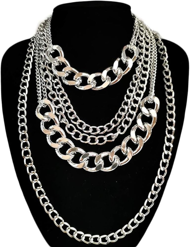 Punk Chain Chunky Necklaces for women Multilayer Collar Necklace Silver - Image 4