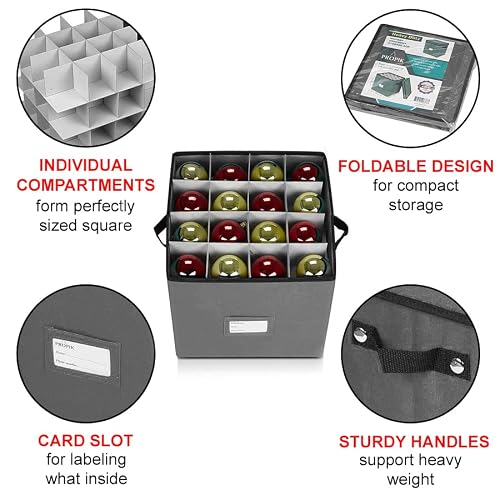 ProPik Christmas Ornament Storage Box, 4 Tier Holds Up to 64 Holiday Ornaments Decoration Balls, Storage Container with Dividers, Made with Durable 600D Oxford Polyester Material (Gray)