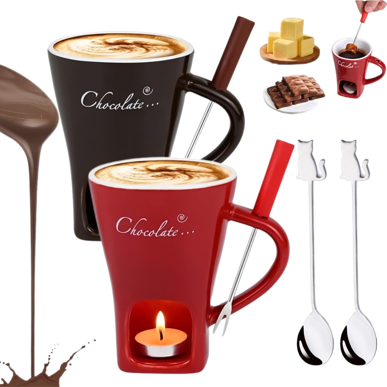 NNBWLMAEE Chocolate Fondue Mug Set, Chocolate Fondue Mug Set, Tea Light Heating Butter Warmer, for Cheese Chocolates Butter (Red+Brown) — image 1
