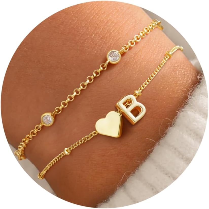 Turandoss Heart Initial Bracelets for Teen Girls - 14K Gold Plated Layered Initial Bracelets Heart Letter A-Z Charm Bracelet Stack Mom Daughter Jewelry Birthday Gifts for Women Teen Girls