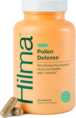 Hilma Natural Sinus Support, All Day Allergy and Sinus Relief from Pollen and Dust w/Butterbur, Stinging Nettles and Spirulina, Non-Drowsy, Organic, Clinically Proven Ingredients, 120 Vegan Capsules