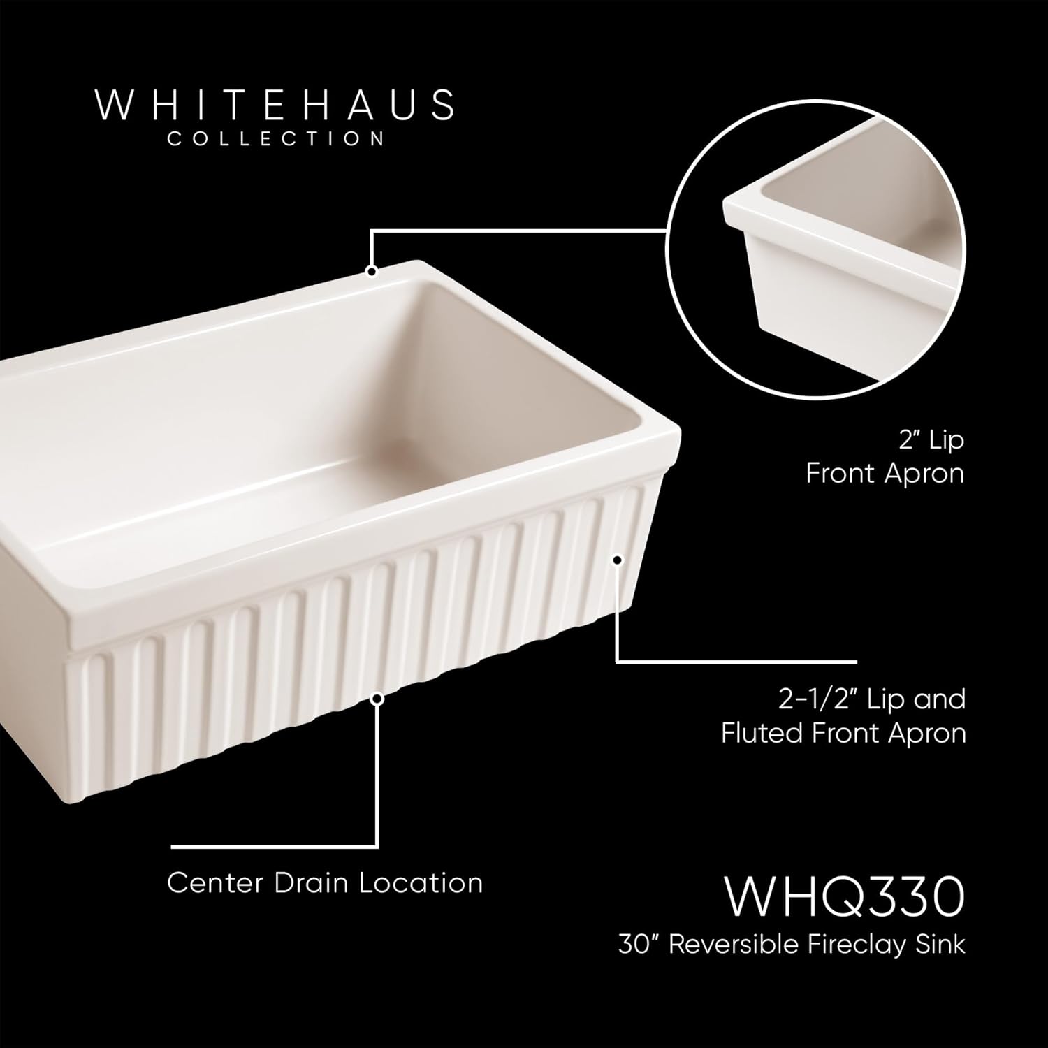 Whitehaus WHQ330 30-Inch Quatro Alcove Reversible Fireclay Sink with Fluted Front Aprond Decorative 2 1/2-Inch Lip One Sided 2-Inch Lip on Other Side, Biscuit