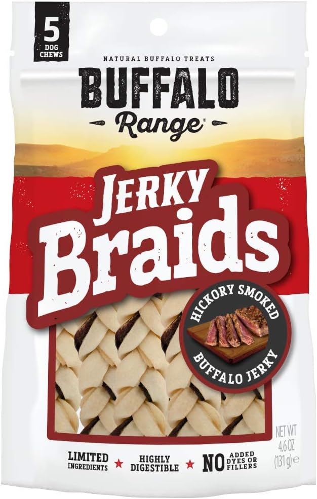 Rawhide Dog Treats | Healthy, Grass-Fed Buffalo Jerky Raw Hide Chews | Hickory Smoked Flavor | Jerky Braids, 5Count