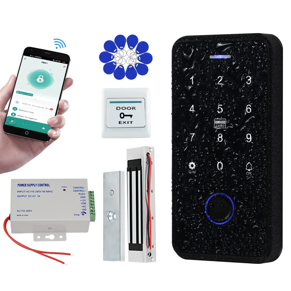 Bluetooth Tuya Kit di Controllo Accessi Tastiera RFID Impermeabile Biometrica + 180KG / 350lbs Serratura Magnetica Elettrica + 10pcs 13.56Mz Portachiavi