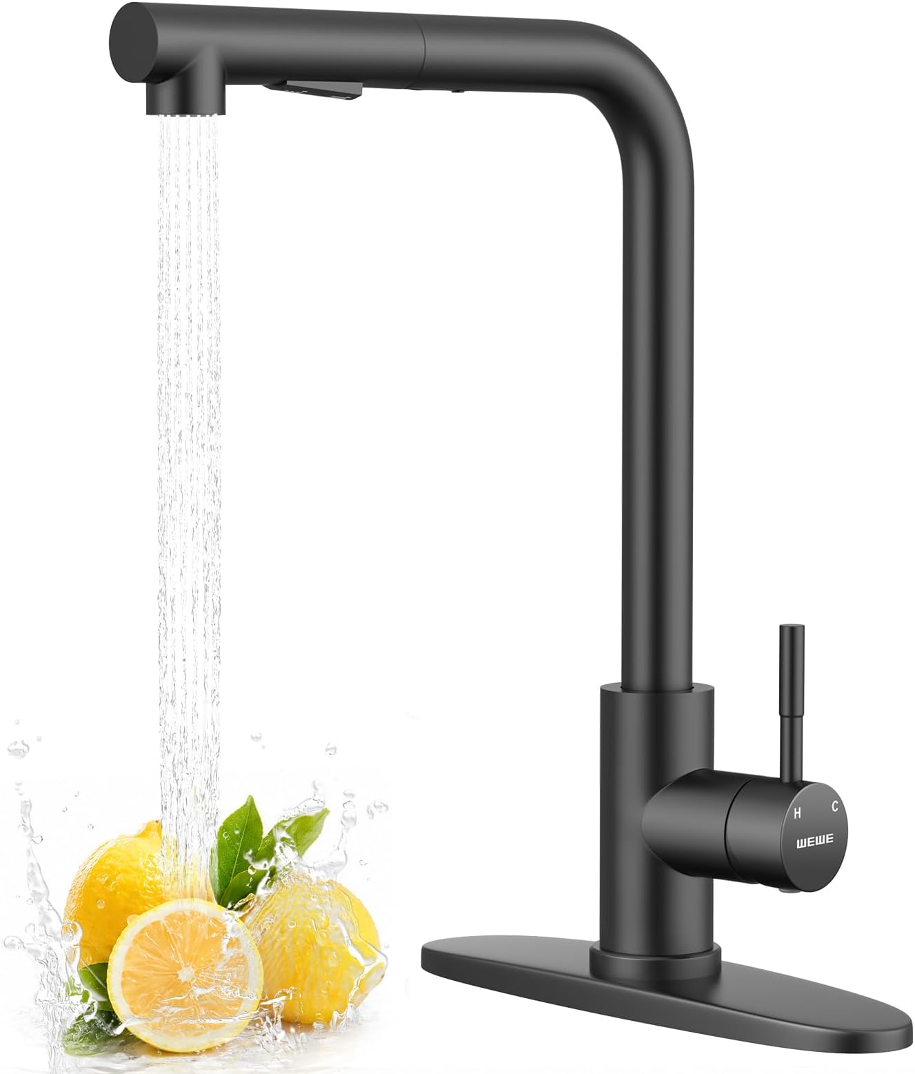 WEWE 13" Spout Height Stainless Steel Kitchen Faucet with Pull Out Sprayer, Matte Black 360° Swivel Sink Faucet with Single Handle for Kitchen/Utility/Laundry/Bar Sink, 1 or 3 Hole