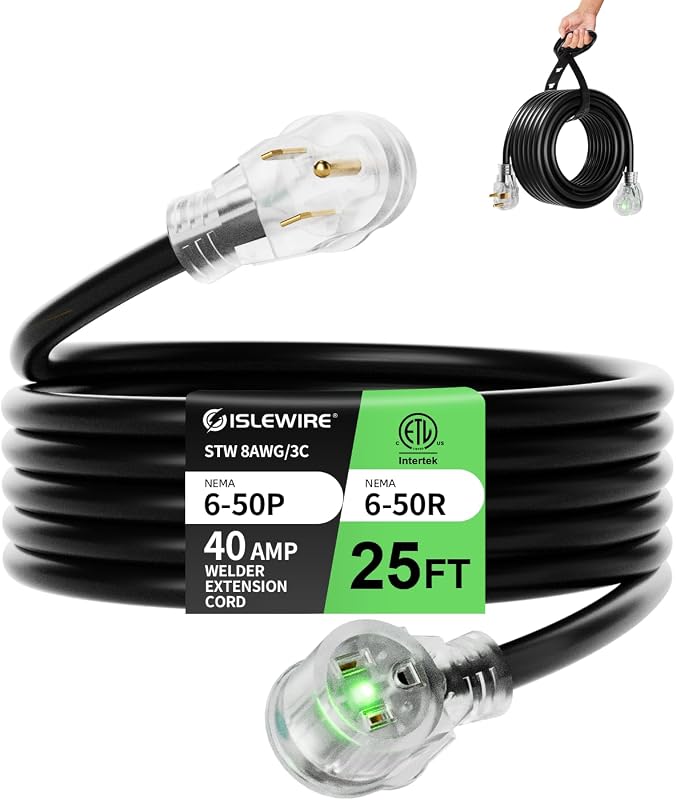25ft 250V Welder Extension Cord, 8 Gauge Heavy Duty Outdoor Welding Cord with LED Indicator, NEMA 6-50P to 6-50R, 40 Amp 3 Prong Power Extension for Welding Machines, 8 AWG STW, ETL Listed