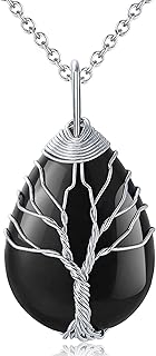 MAIBAOTA Black Obsidian Healing Crystal Stone Necklace Tree Life Wire Wrapped Teardrop Crystals Pendant Necklaces Natural ...