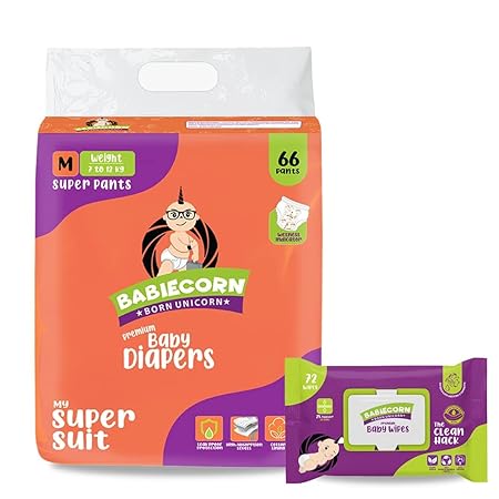 Babiecorn Diaper Wiper Combo, Combo Pack of Premium Baby Diapers with Wetness Indicator 100% Plant-Based Baby Wipes, 2x Thicker Wet Wipes, Diapers with Soft Cotton Lining, Size M